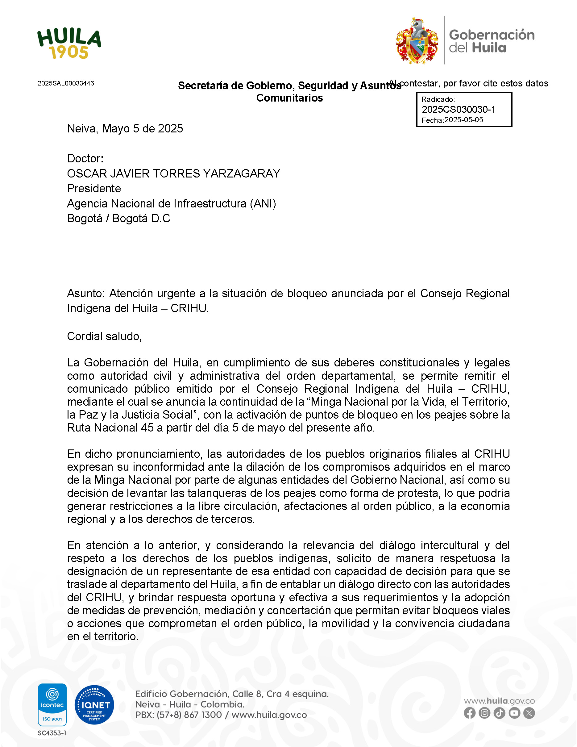 Gobierno del Huila pide evitar bloqueos y exige respuestas del Gobierno Nacional ante reclamos indígenas