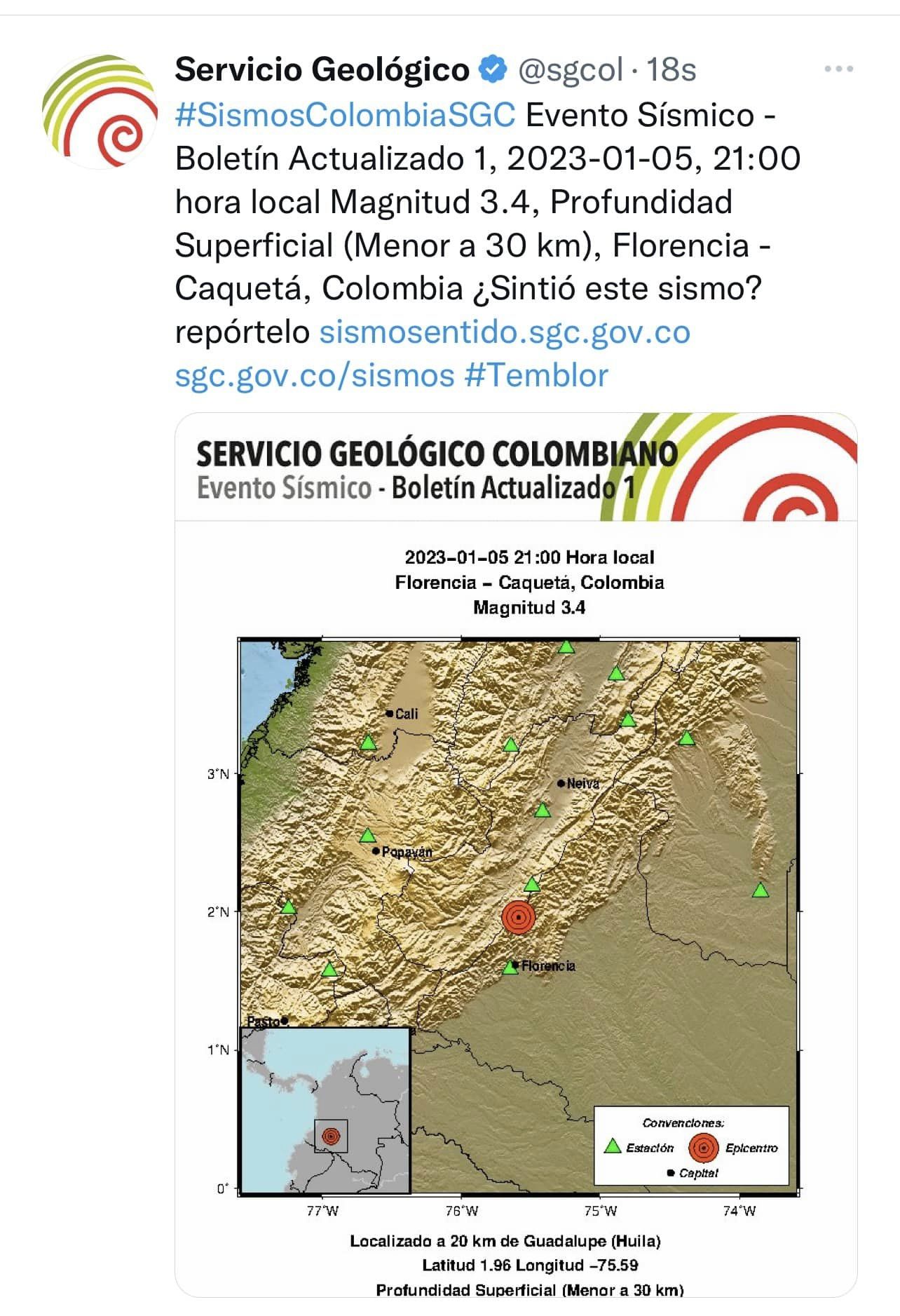 Un sismo de 3.4 con epicentro en Florencia fue reportado.