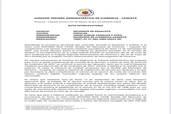 Arresto para el Alcalde de Florencia, Luis Antonio Ruiz Cicery.