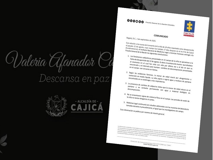 Medicina Legal confirma que Valeria Afanador, desaparecida en Cajicá, murió por sumersión en agua