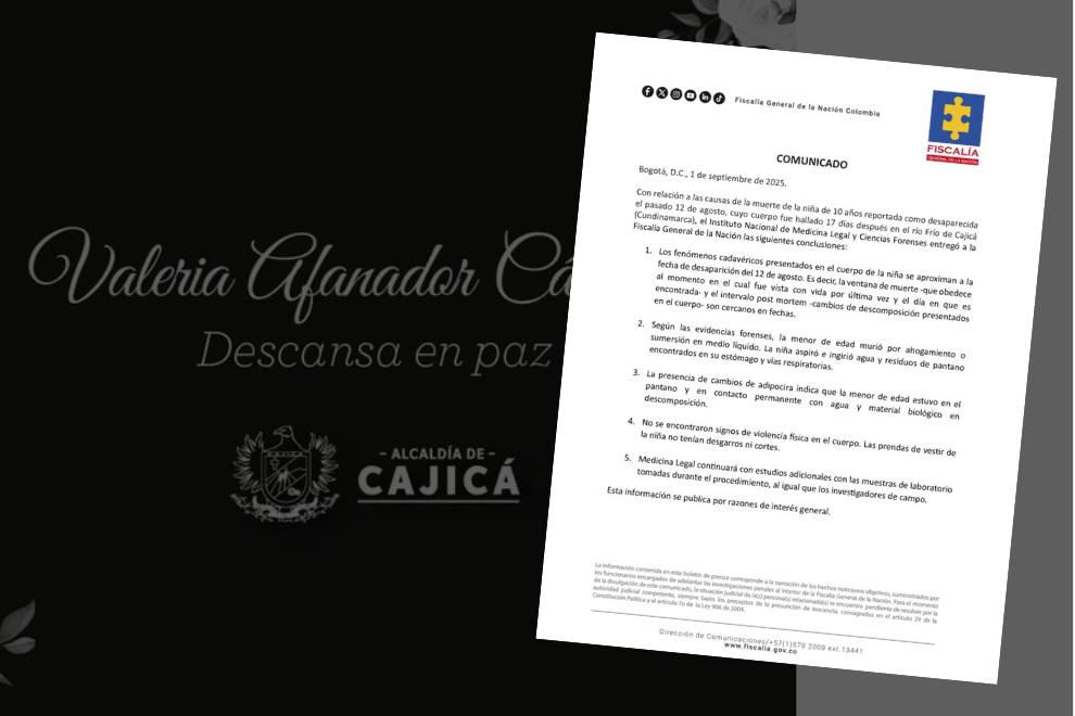 Medicina Legal confirma que Valeria Afanador, desaparecida en Cajicá, murió por sumersión en agua