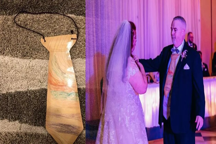 Sorprendió a su hija el día de su boda, usando la corbata de papel que ella le regaló a sus 5 años