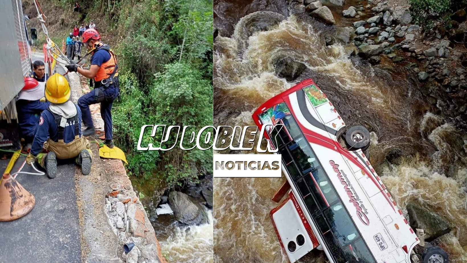 Aparatoso accidente, un bus término cayendo al río Coconuco.