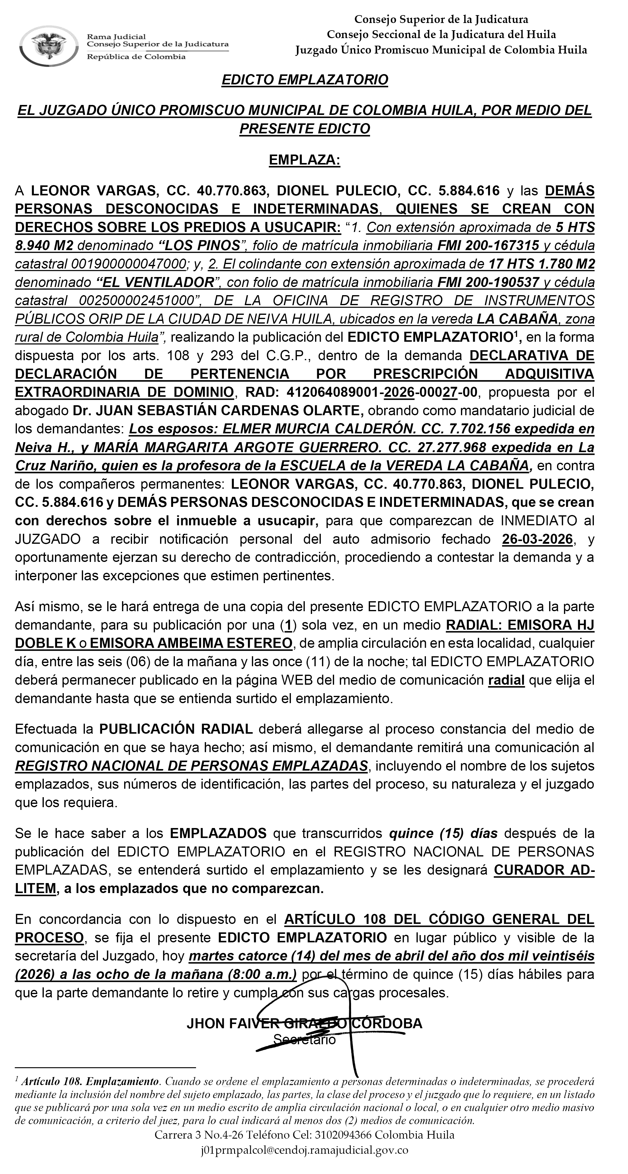 📢 EDICTO EMPLAZATORIO – AVISO A LA COMUNIDAD