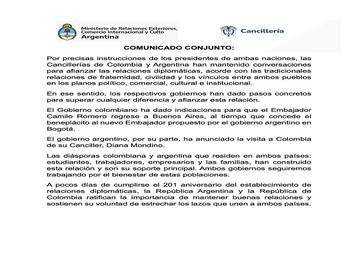 ¡Se arreglaron las relaciones diplomáticas entre Argentina y Colombia!