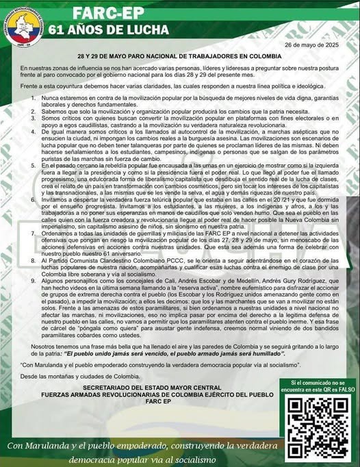 Disidencias de las FARC apoyan las movilizaciones del paro del 28 y 29 de mayo