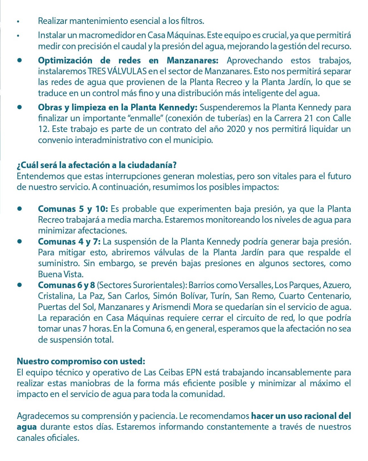 Estas serán las comunas que presentaran inconvenientes en  el servicio de agua por labores de Las Ceibas Empresas Públicas