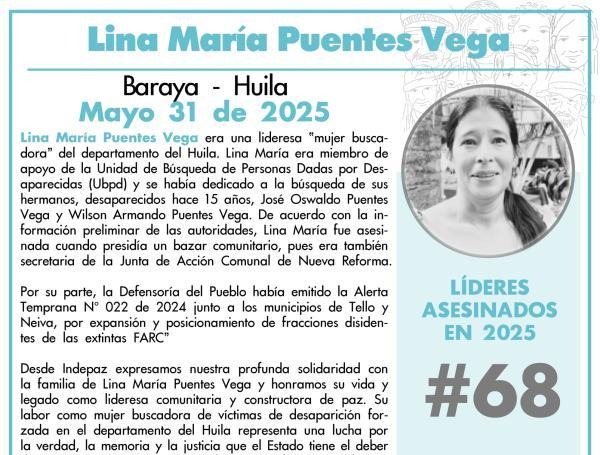 Asesinada Lina María Puentes Vega, lideresa comunitaria en Baraya, Huila