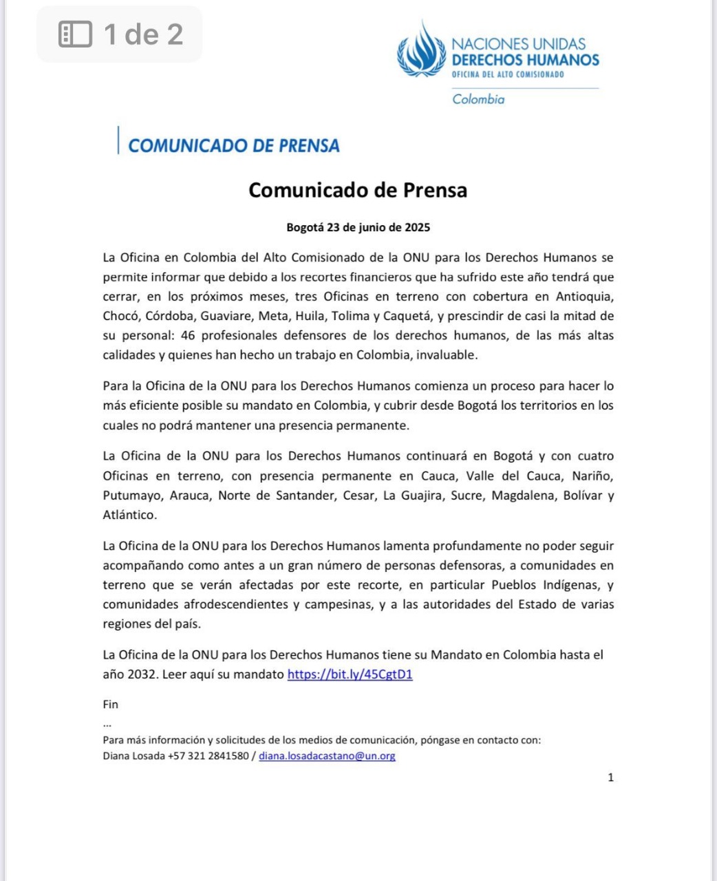 ONU cerrará oficinas de Derechos Humanos en varios departamentos, incluido el Huila