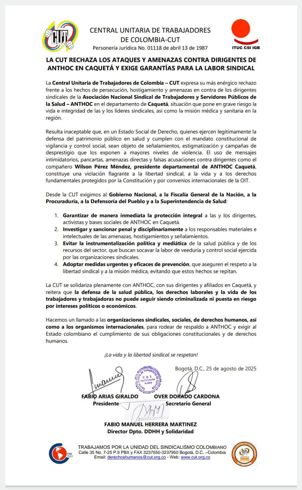 La CUT rechaza amenazas contra ANTHOC Caquetá