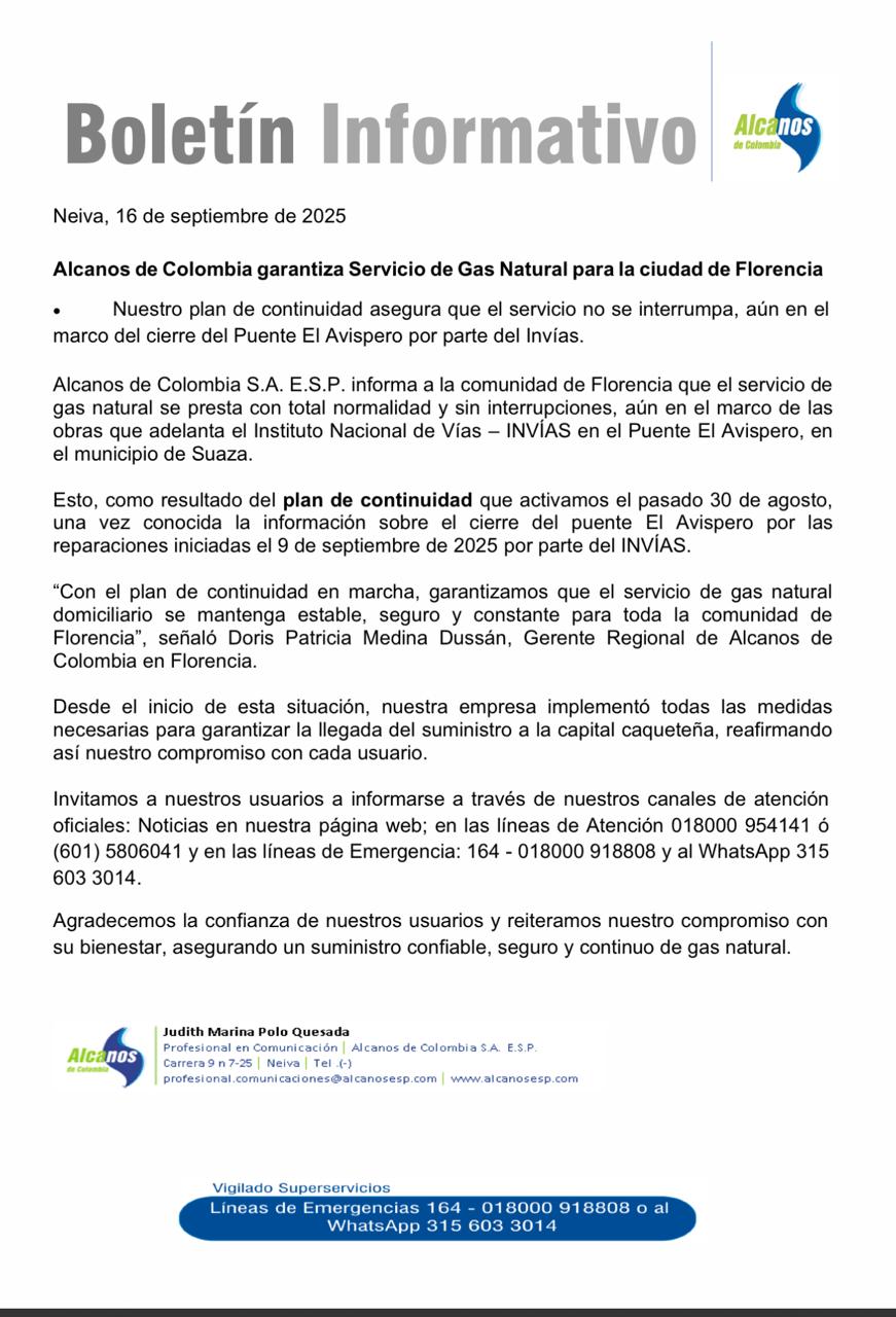 Alcanos de Colombia garantiza el servicio de gas natural