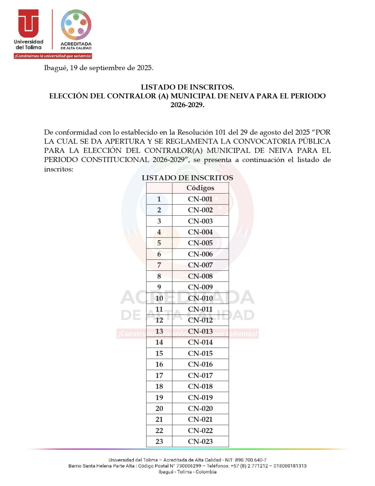 Este es el listado de inscritos para la elección de Contralor municipal