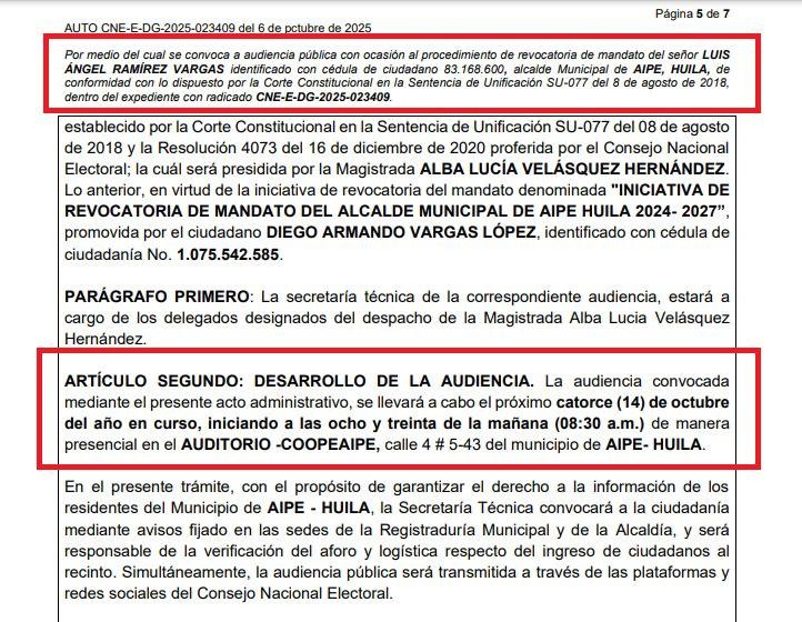 Programada audiencia de revocatoria del mandato en Aipe