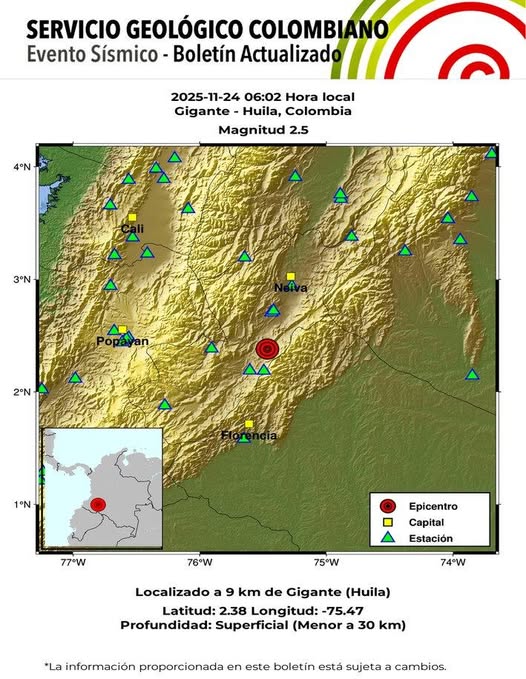 Sismo madrugador sacudió a Gigante, Huila