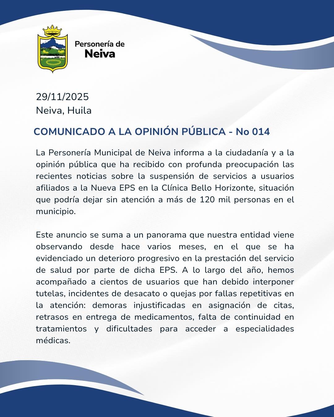 Ministerio Público hace un llamado urgente a la Nueva EPS para garantizar atención a usuarios
