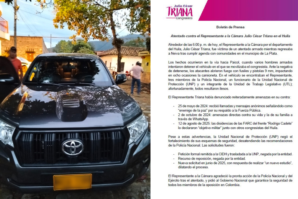 Atentan contra el congresista Julio César Triana en La Plata, Huila
