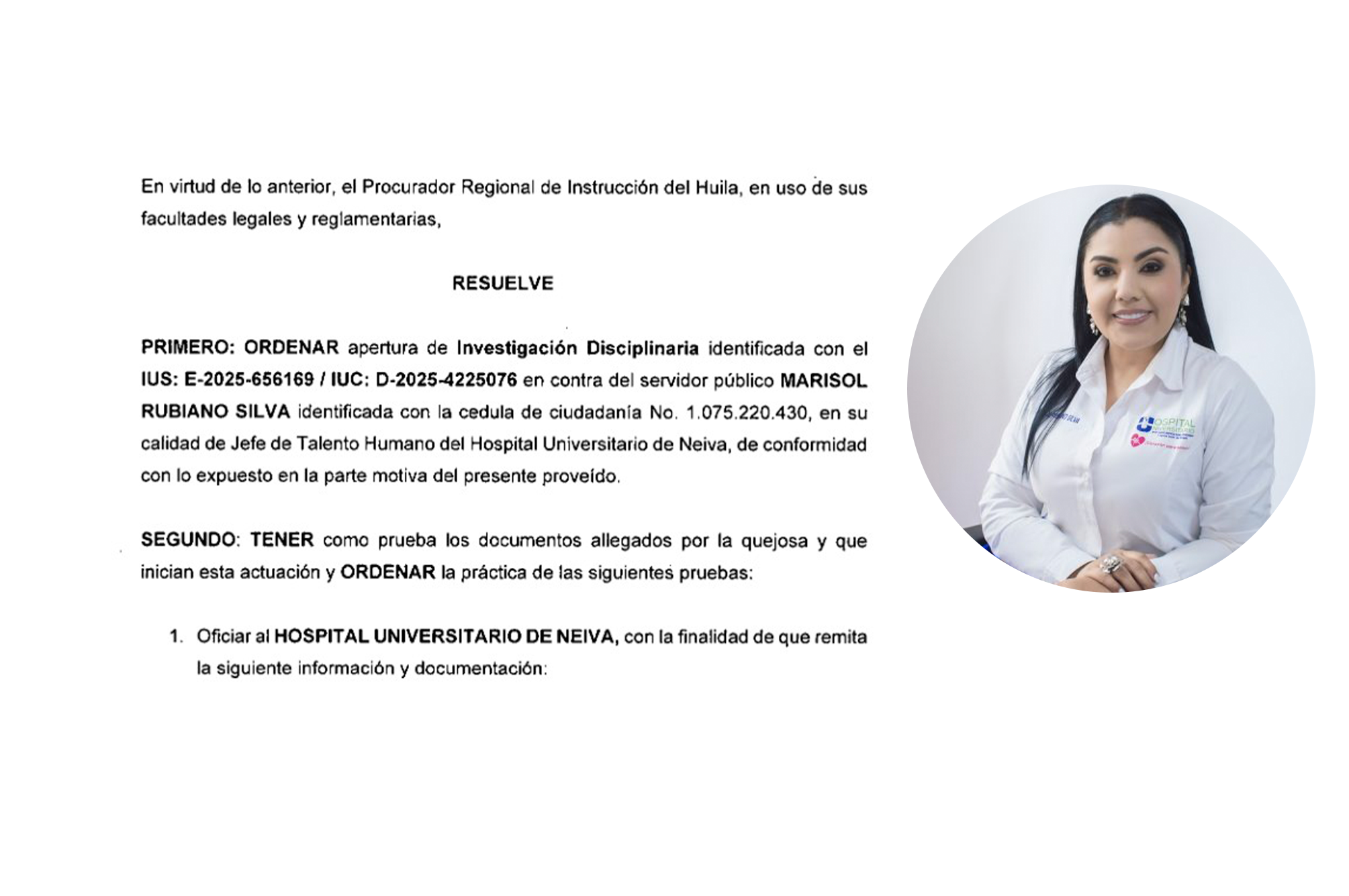 Procuraduría Regional abre investigación disciplinaria contra Jefe de Talento Humano del Hospital Universitario de Neiva