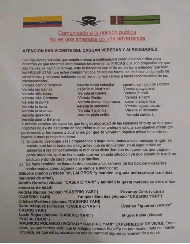 PANFLETOS AMENAZANTES EN SAN VICENTE