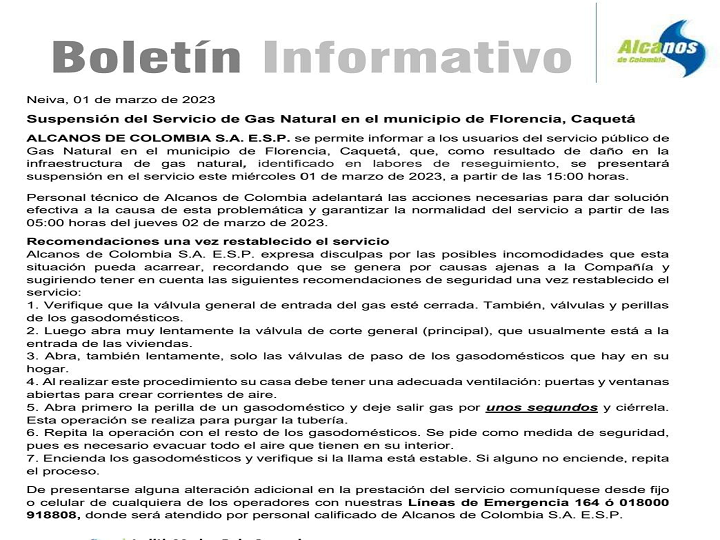Anuncian suspensión del servicio de gas domiciliario en la ciudad de Florencia