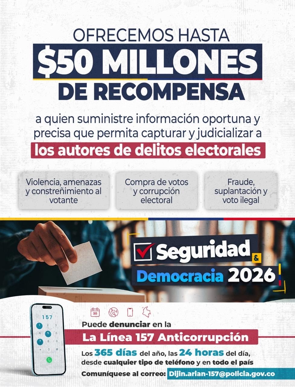 Hasta 50 millones de pesos ofrece la policía para quienes denuncien responsables de delitos electorales