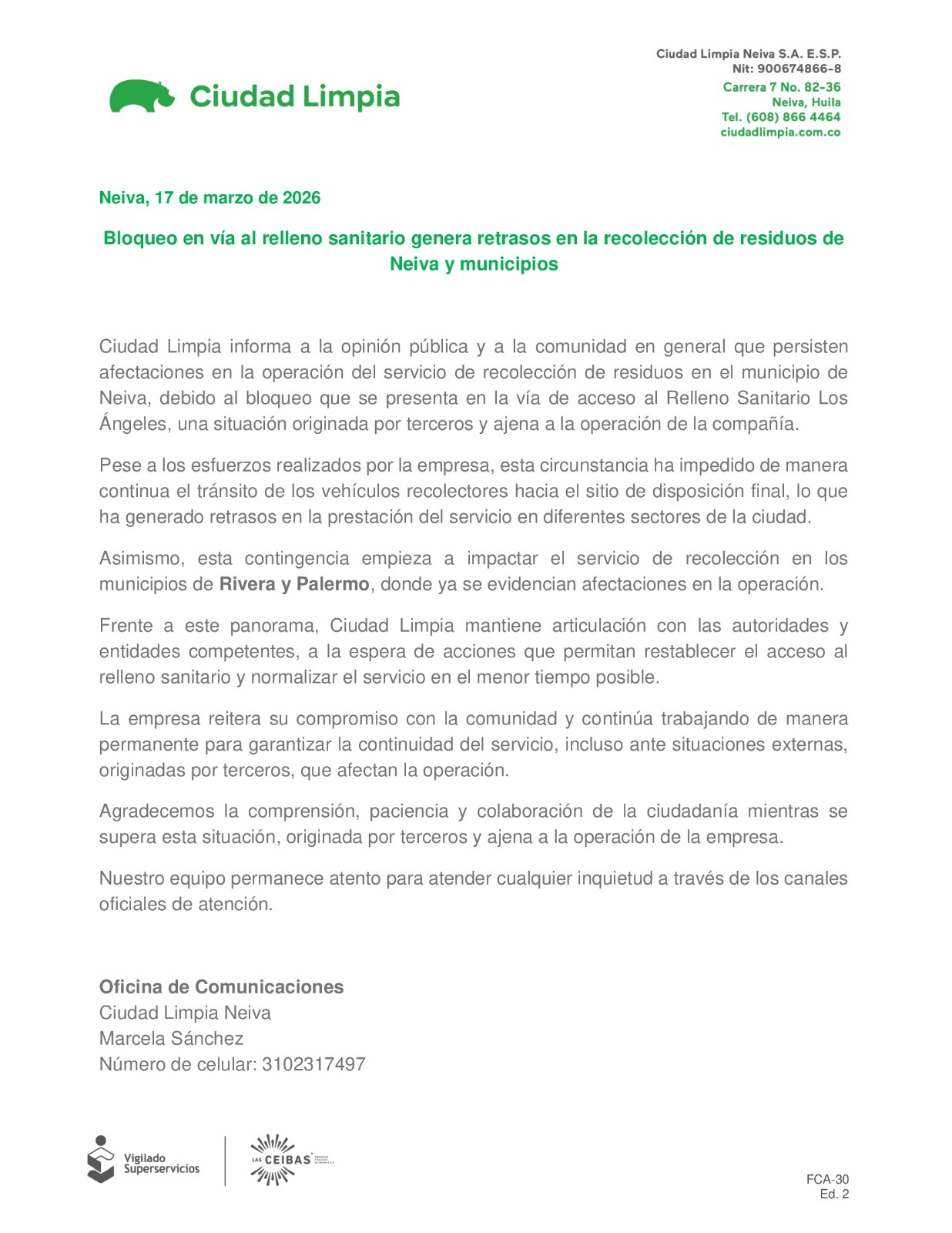 Se mantiene cierre de la vía de ingreso al Relleno Sanitario Los Ángeles