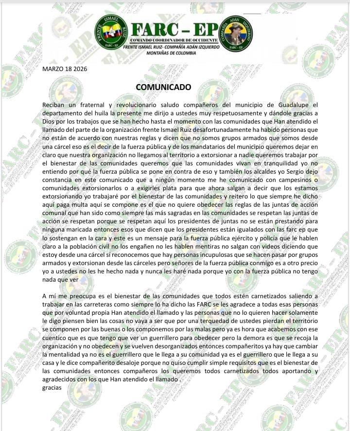 Autoridades desmienten panfleto atribuido a disidencias en el Huila: sería un documento falso
