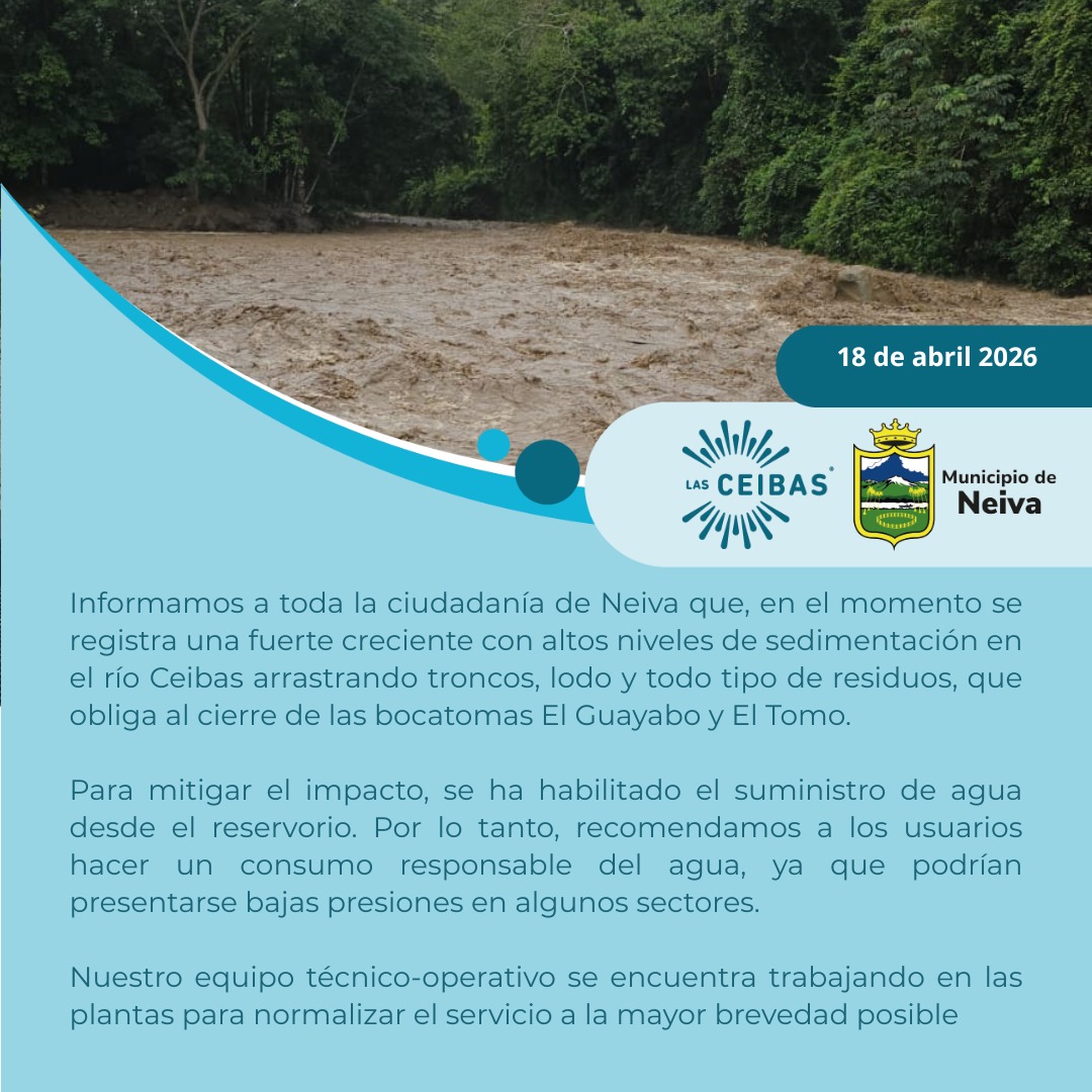 Cierran las bocatomas El Guayabo y El Tomo por fuerte creciente del río Ceibas