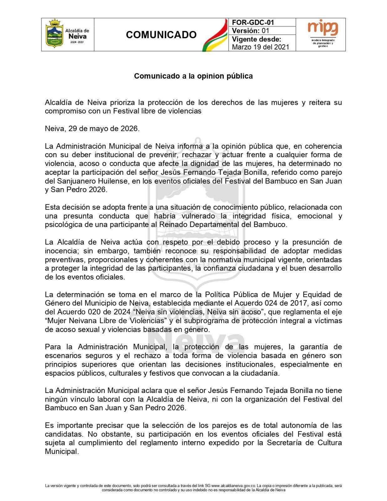 Alcaldía no permitirá participación de parejo Jesús Fernando Tejada en eventos del festival