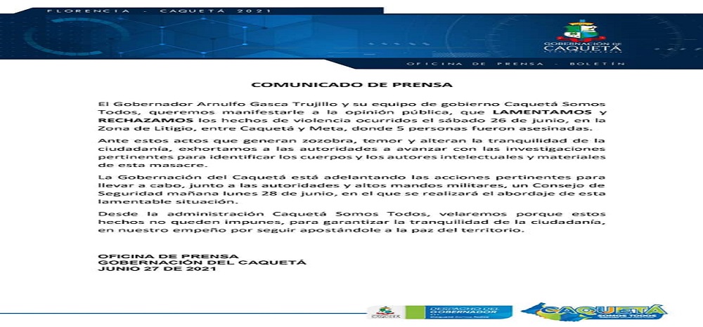 Gobernador de Caquetá lamenta y rechaza la masacre ocurrida.
