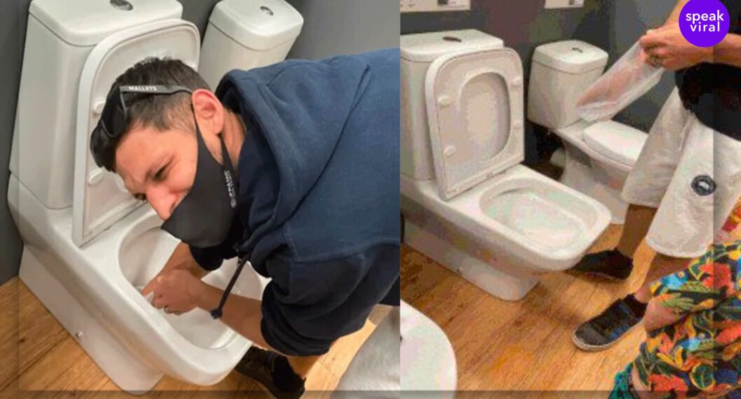 Inocente niño hace uso de baño de exhibición en un centro comercial