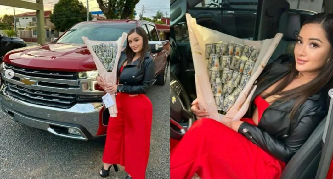 Hombre le regaló camioneta y ramo de dólares a su novia; tremenda traga (y billetera)