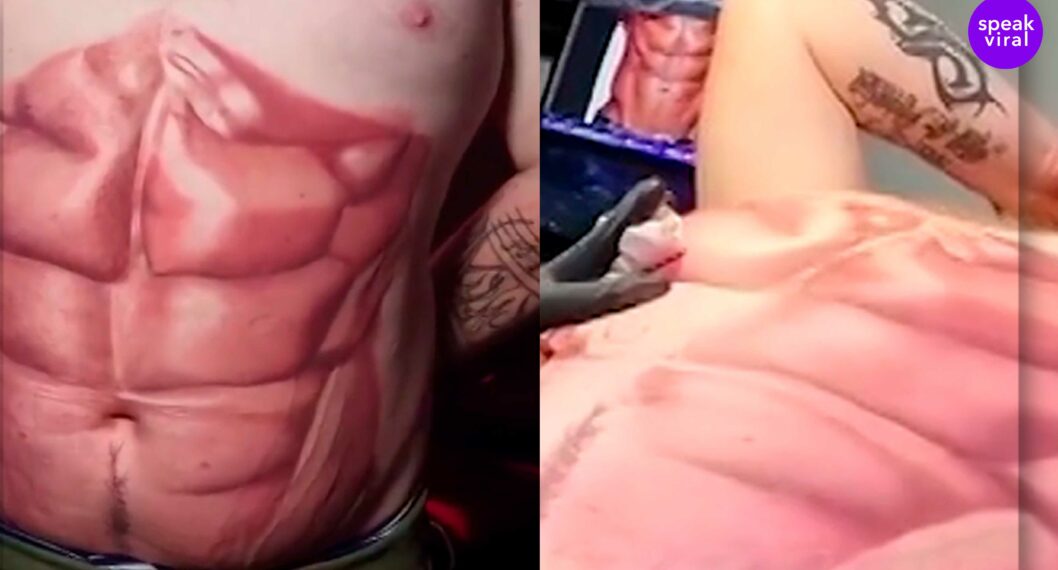 Cansado de no ver resultados en el gimnasio, hombre se tatúa el abdomen
