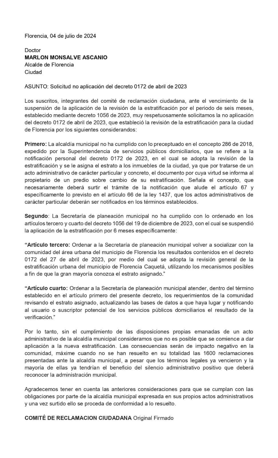 Solicitud a la NO ESTRATIFICACIÓN.