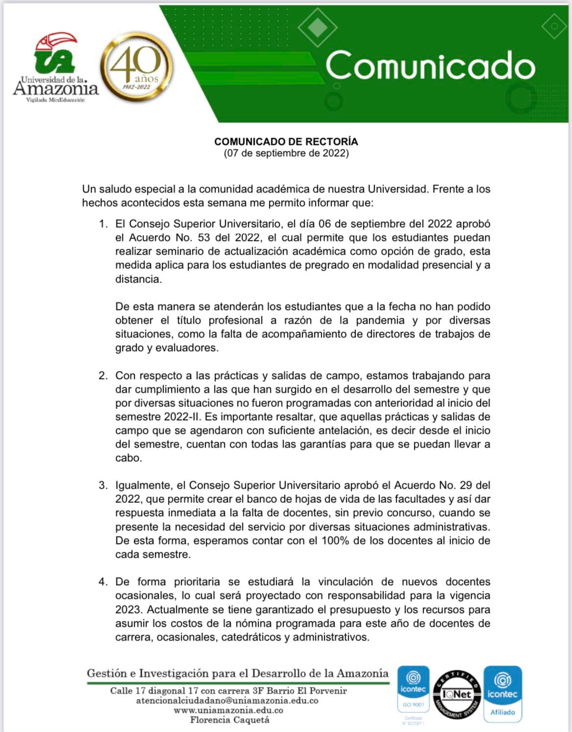 Rectoría de la Uniamazonía ofrece salidas a protestas.