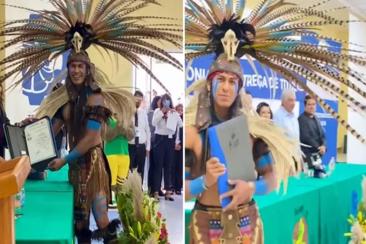 Joven indígena se gradúa con traje prehispánico