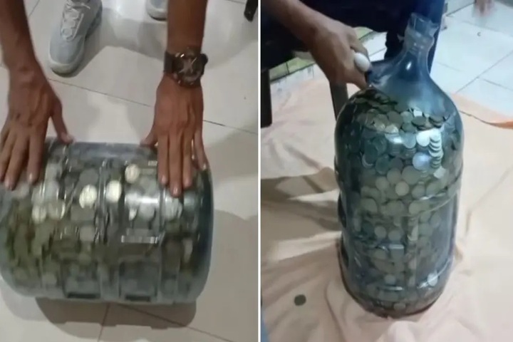 Familia llenó botellón con monedas de $1.000 y reveló cuánto ahorró en un año