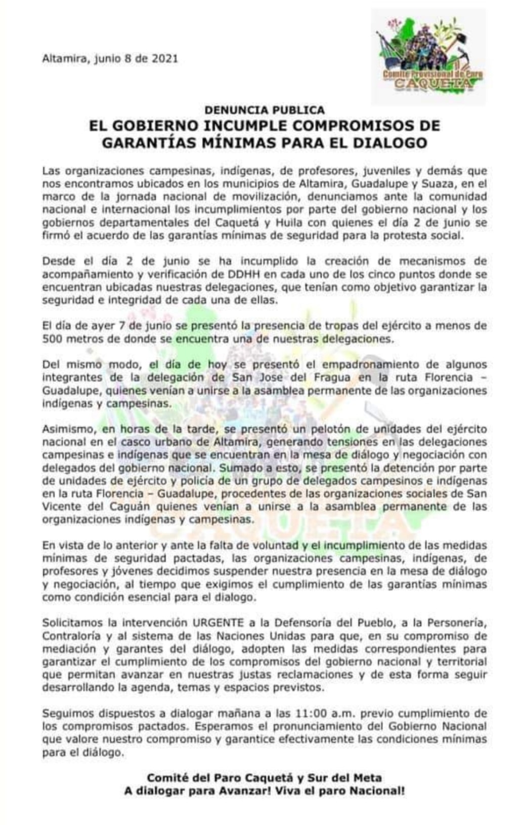 Se levantan de la mesa departamental de  diálogos.