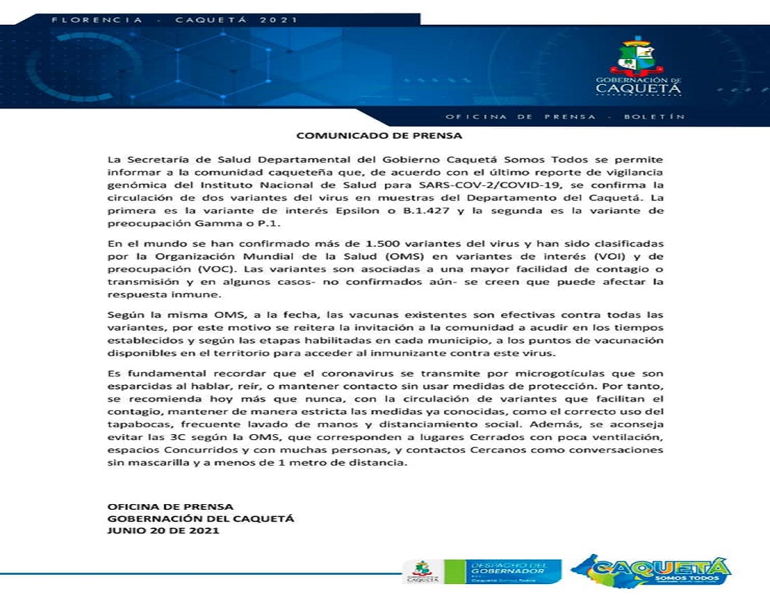 Se confirman dos variantes de Covid - 19 en Caquetá.
