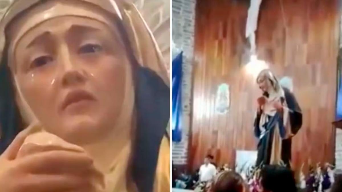 Captan momento en que estatua de la Virgen María llora